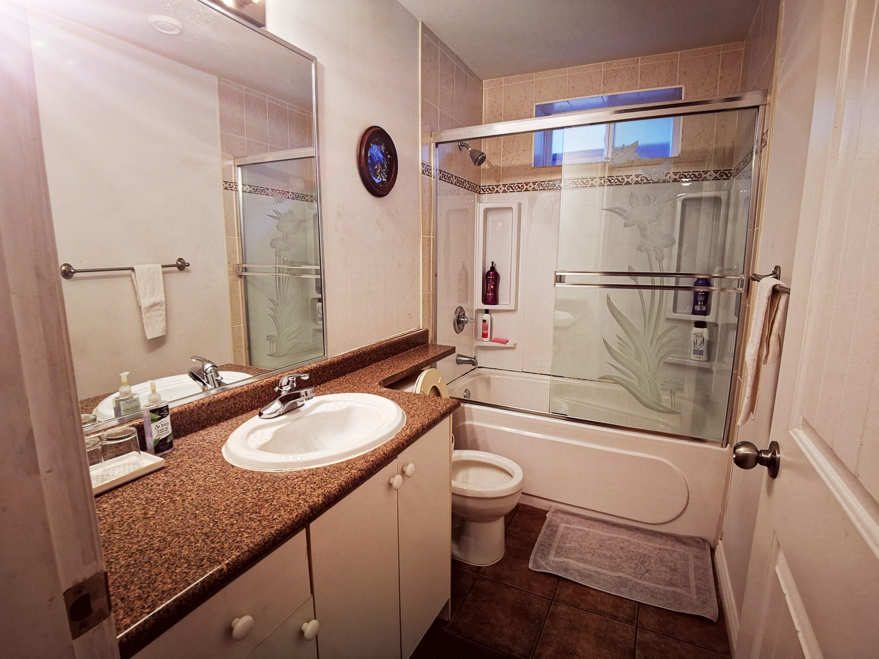 Un baño con lavamanos, espejo, inodoro y ducha.