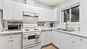 A modern kitchen with white cabinets, a microwave, stove, and a sink.