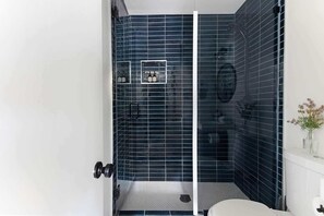 Douche, séchoir à cheveux, serviettes fournies, savon