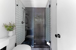 Shower, hair dryer, towels, soap