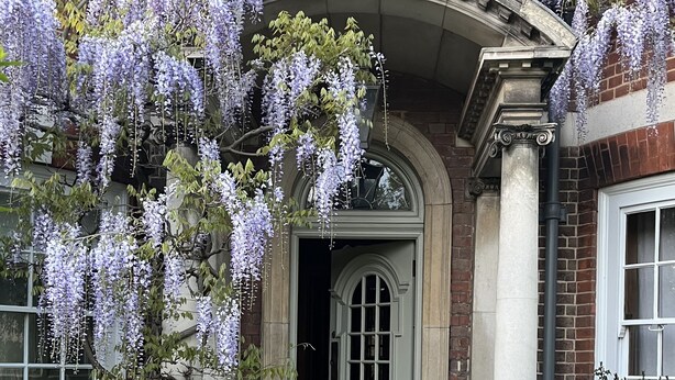 A building entrance with a white door, a stone archway, and a garden with purple flowers. - Exclusive Apartment with terrace, garage, gym in Georgian Residence well located (London)