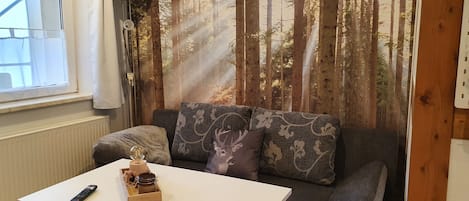 A room with a sofa, a table, and a window.