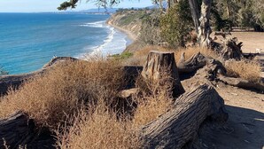 A coastal landscape with a dirt path, trees, and a view of the ocean. - Pet & Kid-Friendly Beach Retreat Near Town  +EVC , Fire Pit , Beach & Baby Gear! (Santa Barbara)