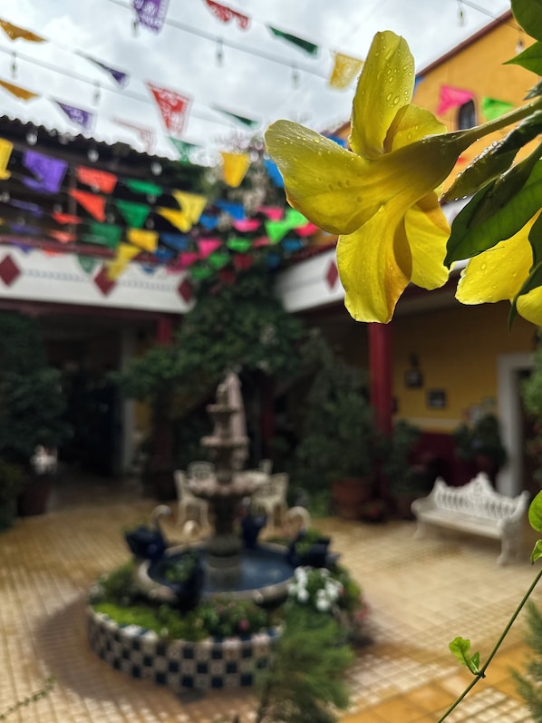 Une cour avec une fontaine, des drapeaux aux couleurs vives et un banc.
