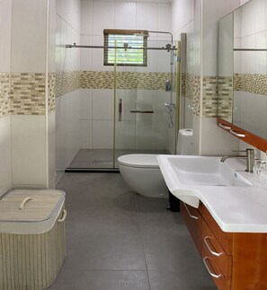 Shower, hair dryer, towels, soap