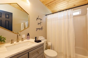 Hair dryer, towels, soap, shampoo