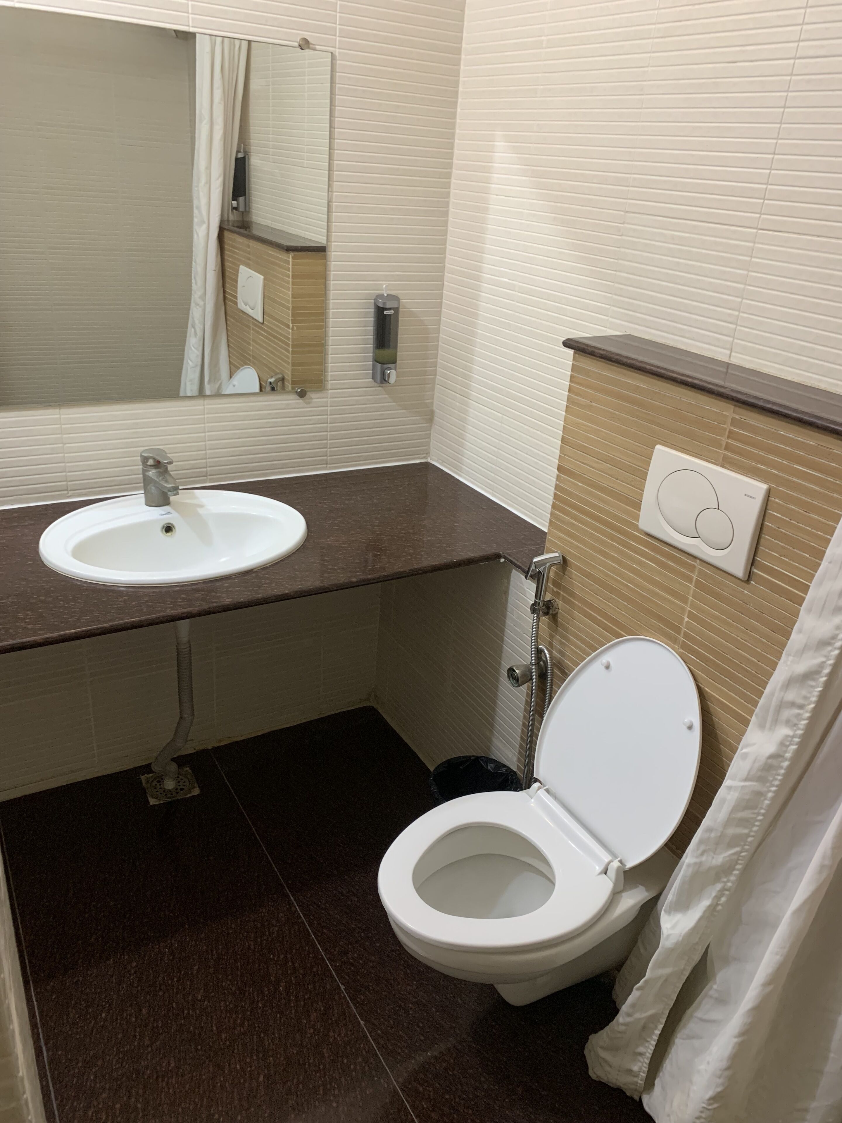 A bathroom with a sink, mirror, toilet, and shower curtain.