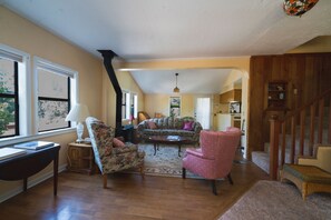 Smart TV, fireplace, books