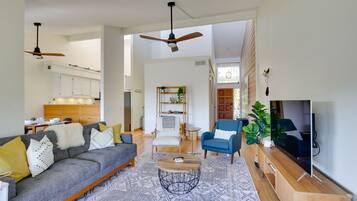 TV, fireplace, books