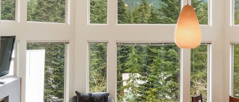 Smart-TV, peis, DVD-spiller og bøker