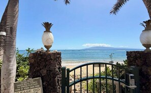 On the beach, sun loungers, beach towels