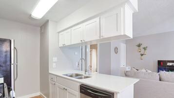 A modern kitchen with white cabinetry, a dishwasher, and a built-in oven.