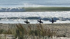 Praia com ondas e surfistas caminhando com pranchas de surf.