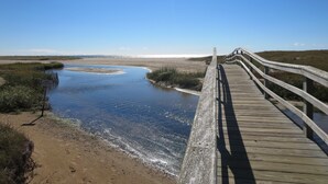 A wooden boardwalk leading to a beach with a clear blue sky.