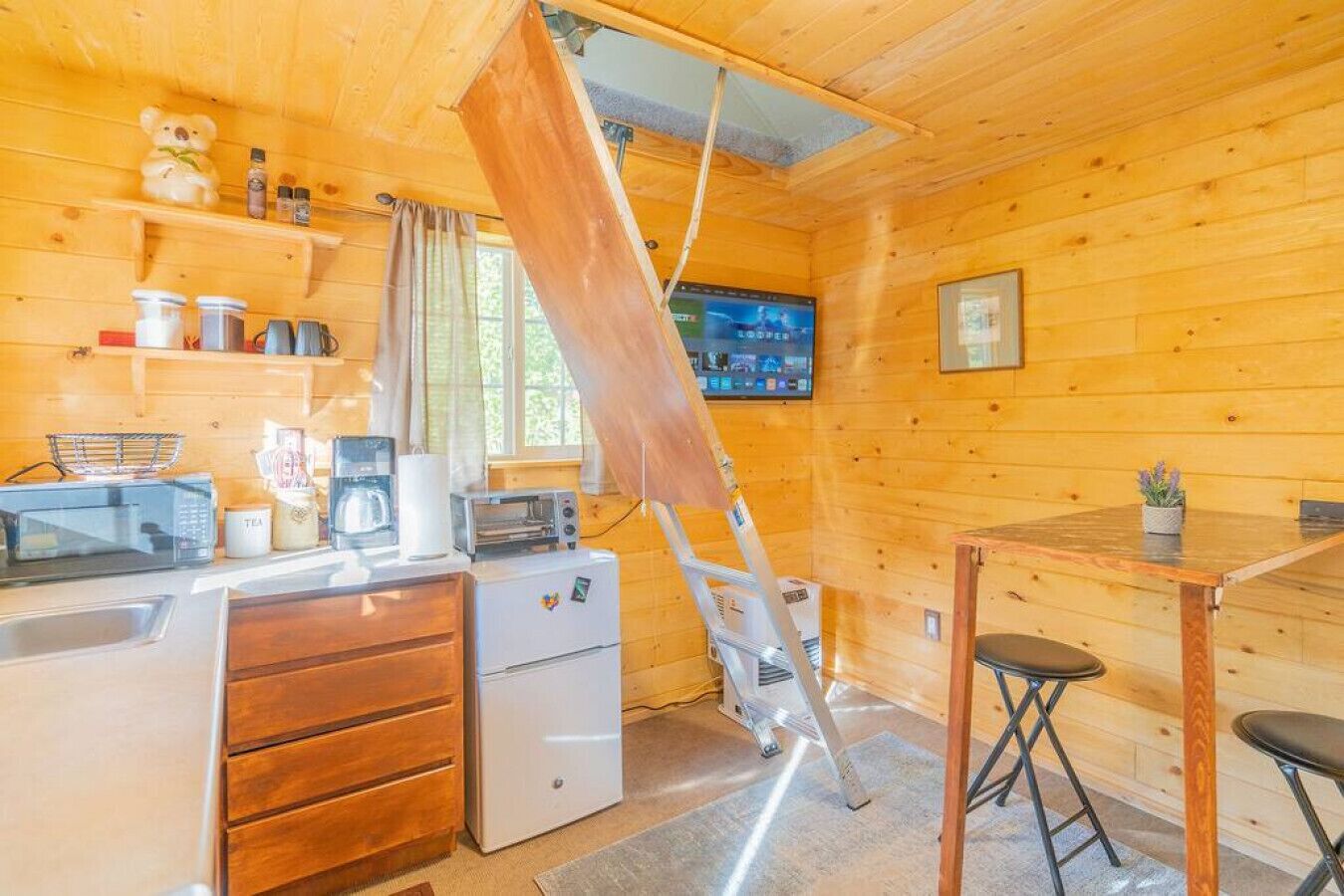 Interior acogedor de una cabaña con paredes de madera, una kitchenette equipada con microondas, tostadora y refrigerador, una mesa de comedor de madera con dos taburetes y un televisor montado en la pared.