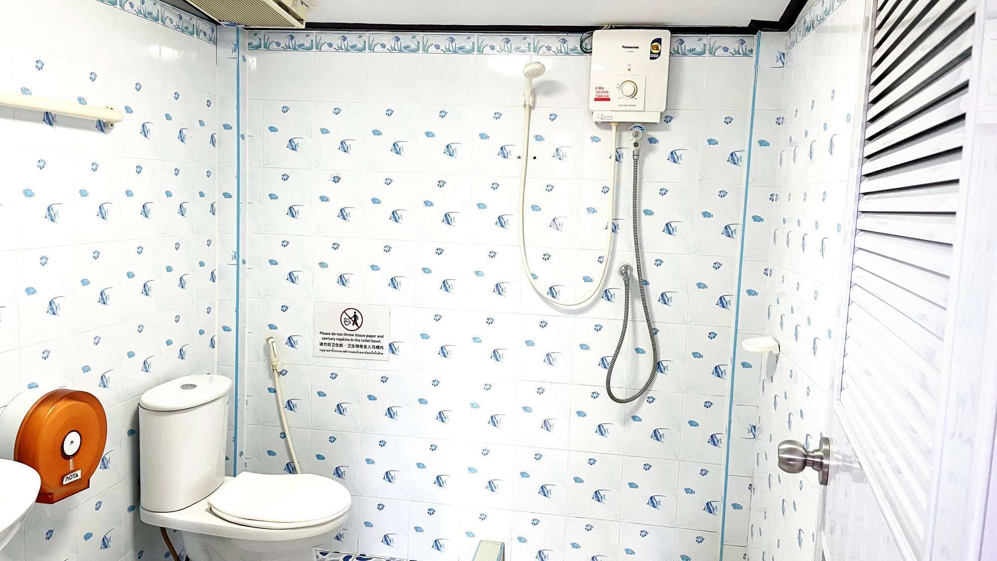 Shower, hair dryer, towels