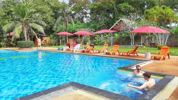 A swimming pool with lounge chairs and umbrellas, surrounded by greenery.
