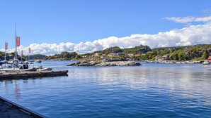 A marina with boats docked, a rocky shoreline, and buildings in the background.