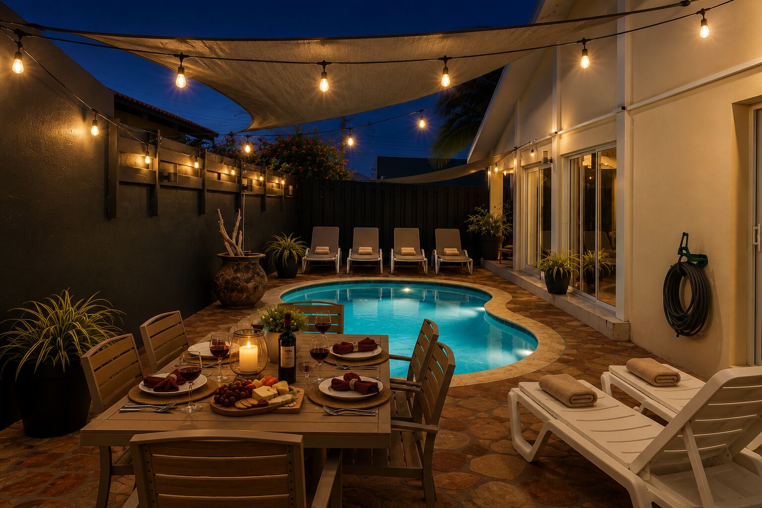Un espace extérieur avec une piscine, une table à manger dressée pour un repas, et des chaises longues disposées tout autour.