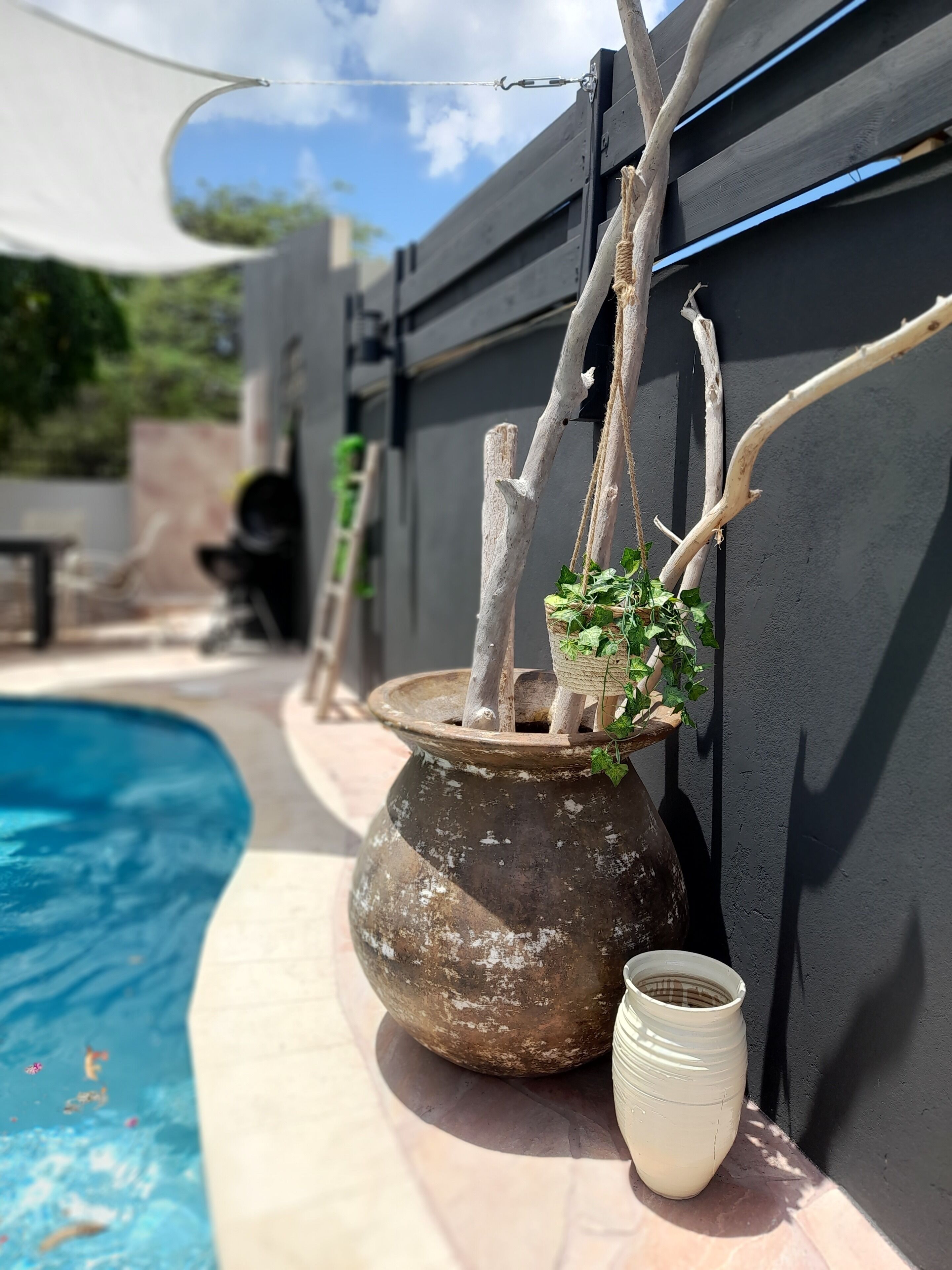 A rustic outdoor setting with a large pot containing greenery, a small white vase, and a pool.