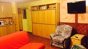 A compact room with a sofa, a chair, a TV, and a small kitchen area. - Holidays on the lake (Valtournenche)