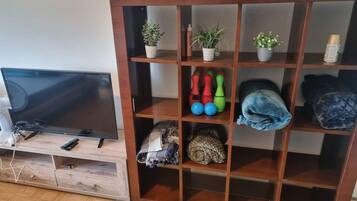 A wooden entertainment unit with shelves containing plants, a bowling set, blankets, and a television.