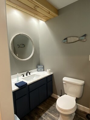 Shower, towels, soap, toilet paper