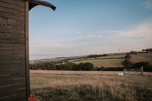 A wooden building with a sloped roof, a grassy field, and rolling hills in the background. - Stunning Shepherd's Hut Retreat, North Devon (Bideford)