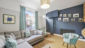 TV, fireplace, books, video library