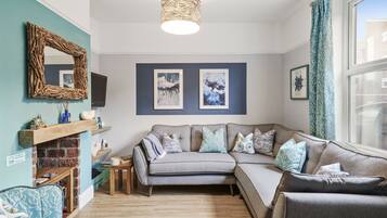 TV, fireplace, books, video library