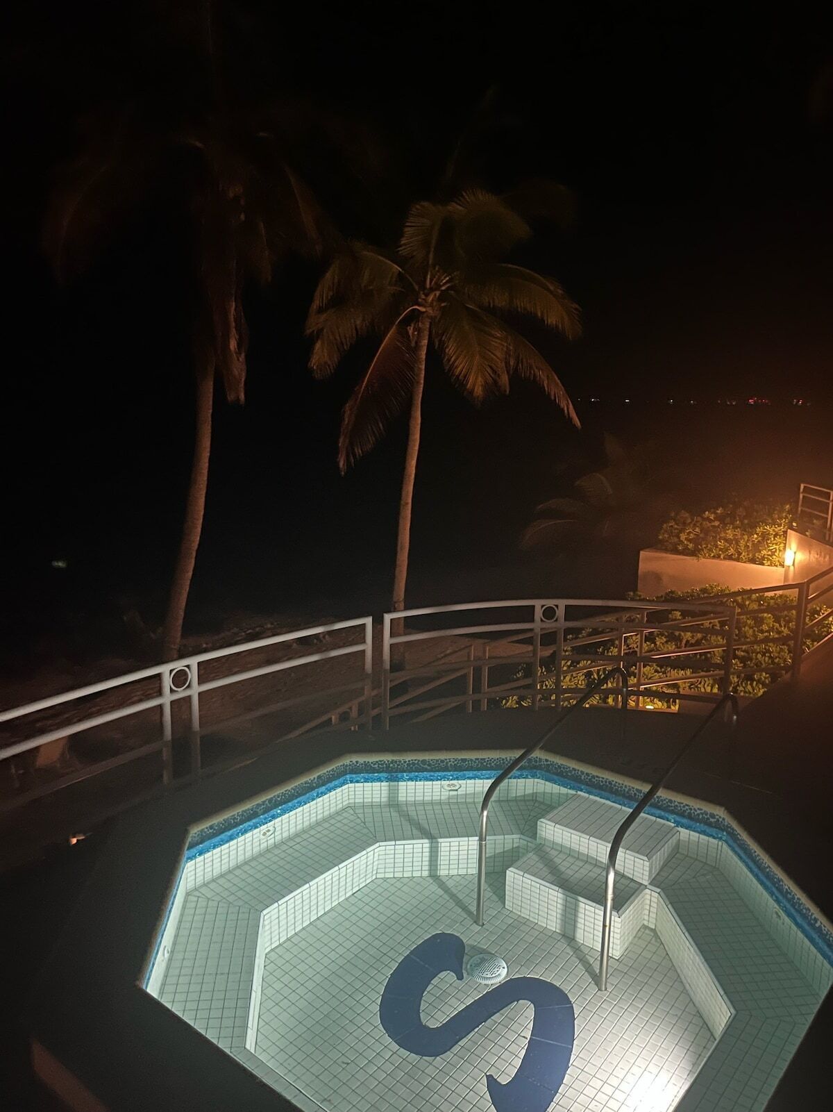 Vue nocturne d’une piscine avec un grand logo en forme de « S » sur le fond, entourée de palmiers et d’une rambarde.