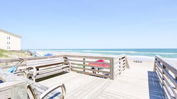On the beach, sun loungers