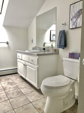 Combined shower/tub, hair dryer, towels, soap