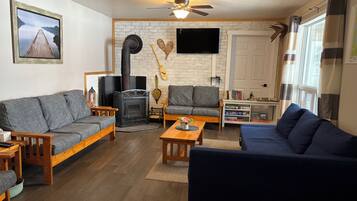 TV connectée, cheminée, livres