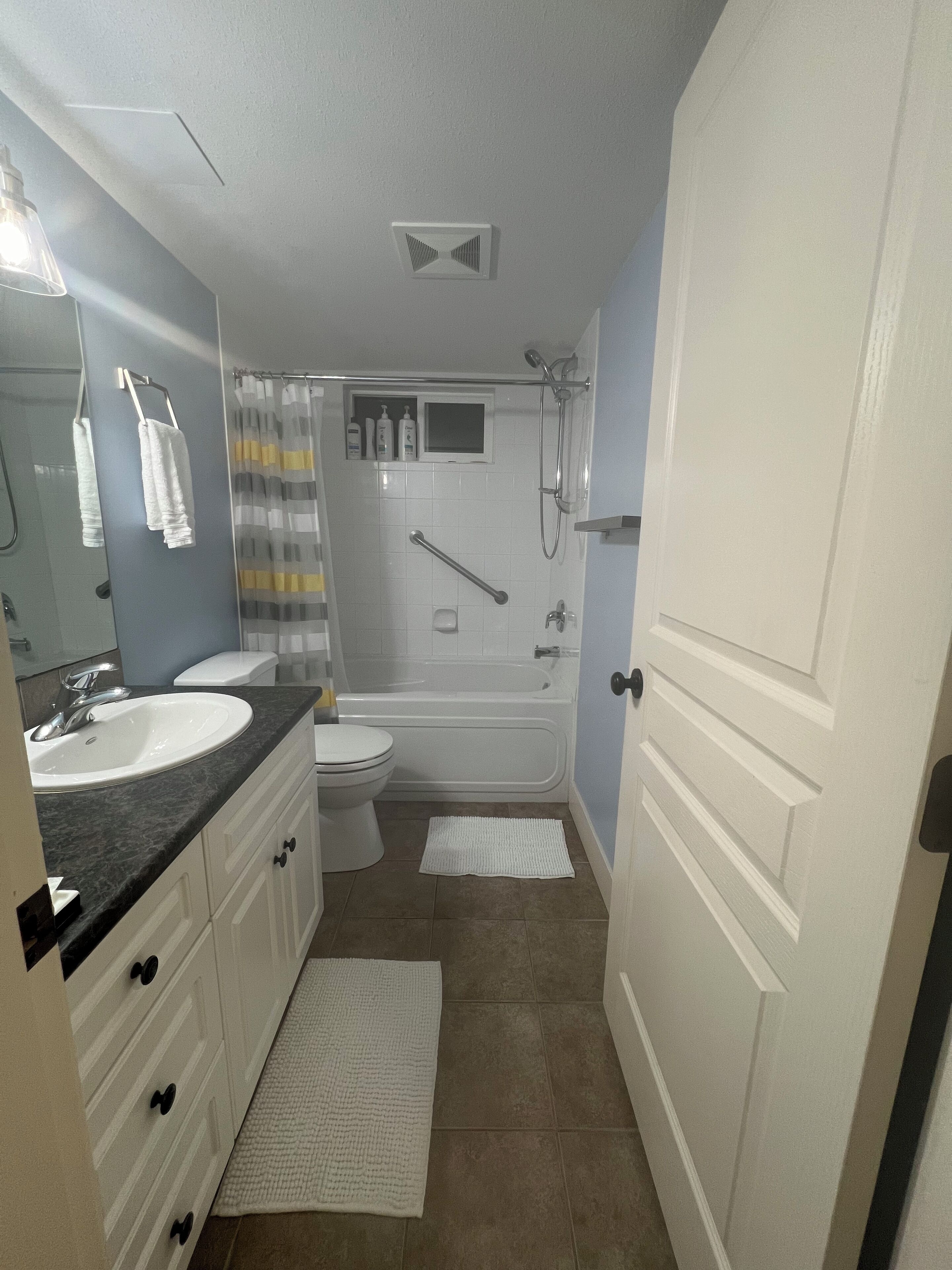 Combined shower/tub, hair dryer, towels, soap