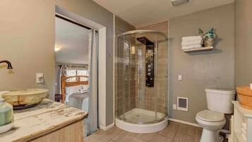 Hair dryer, towels, soap, shampoo