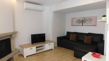 Smart TV, fireplace, books