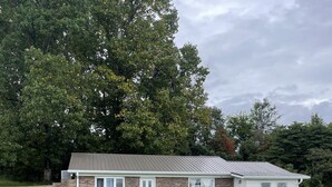 A single-story house with a brick exterior and a metal roof, surrounded by a grassy yard and trees.