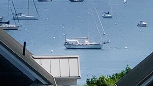 Un port de plaisance où de nombreux voiliers et yachts sont amarrés dans des eaux calmes.