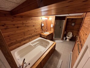 Combined shower/bathtub, jetted bath, hair dryer, towels