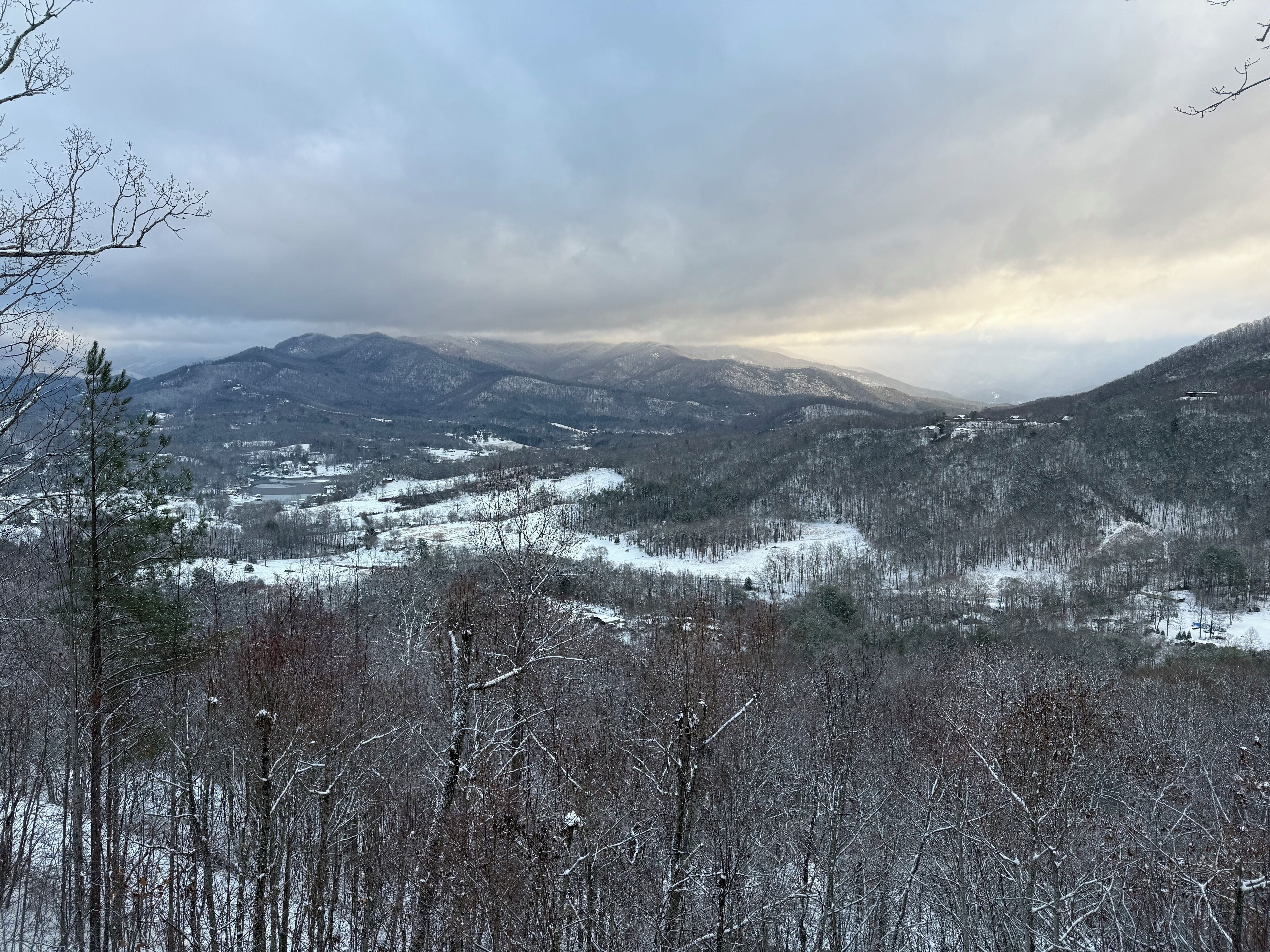 A mountainous landscape with snow-covered trees and a valley.