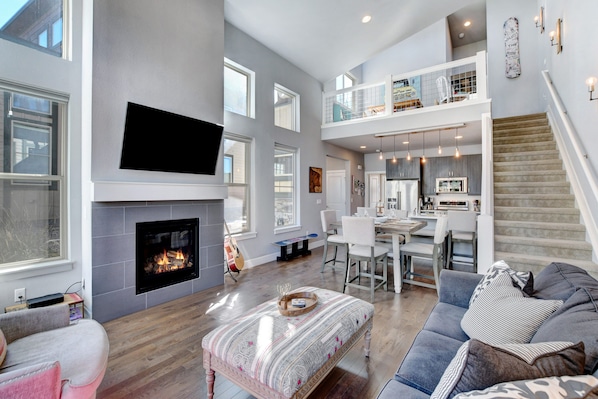 Smart TV, fireplace, video games, Hulu