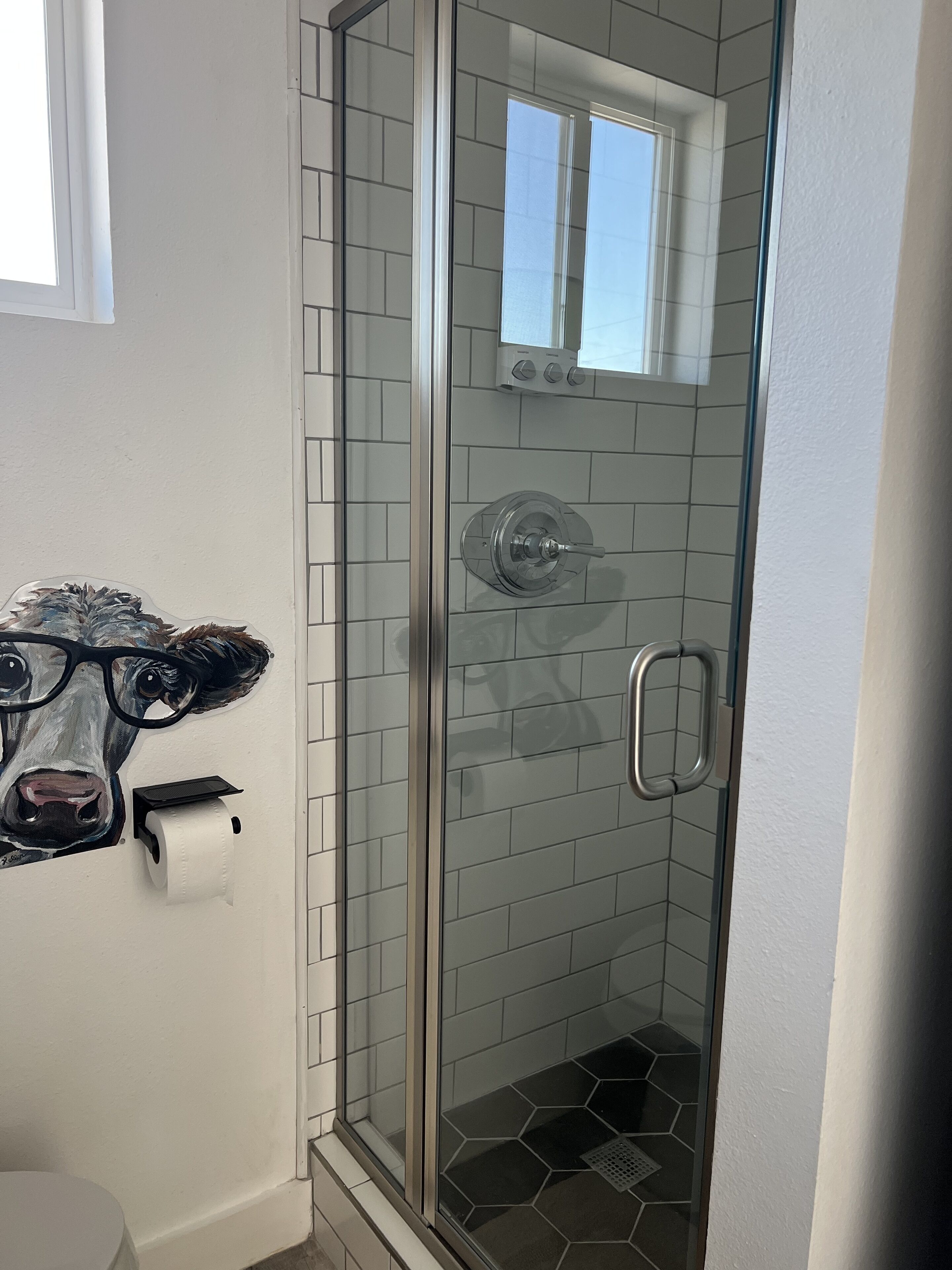 Ducha, secador de pelo, toallas, jabón