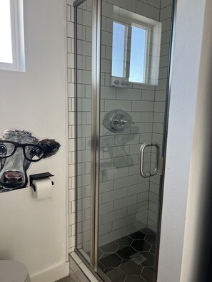 Chuveiro, secador de cabelo, toalhas de banho, sabonete