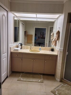 Combined shower/bathtub, hair dryer, towels, soap