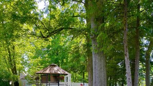 Une terrasse en bois avec une balançoire, entourée d’une végétation luxuriante et agrémentée d’un belvédère.