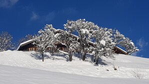 Eine schneebedeckte Holzhütte mit vielen Fenstern, umgeben von mit Schnee beladenen Bäumen.