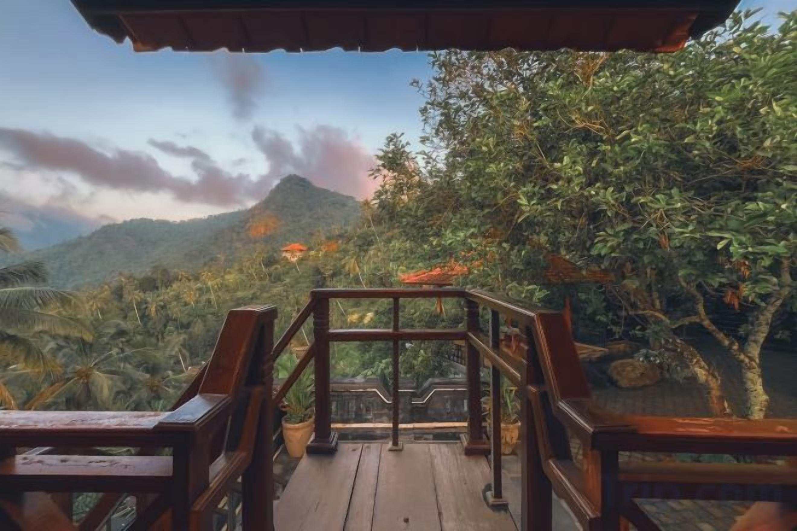 Une terrasse en bois dotée d’une rambarde, offrant une vue sur un paysage verdoyant et luxuriant, avec des montagnes à l’horizon.