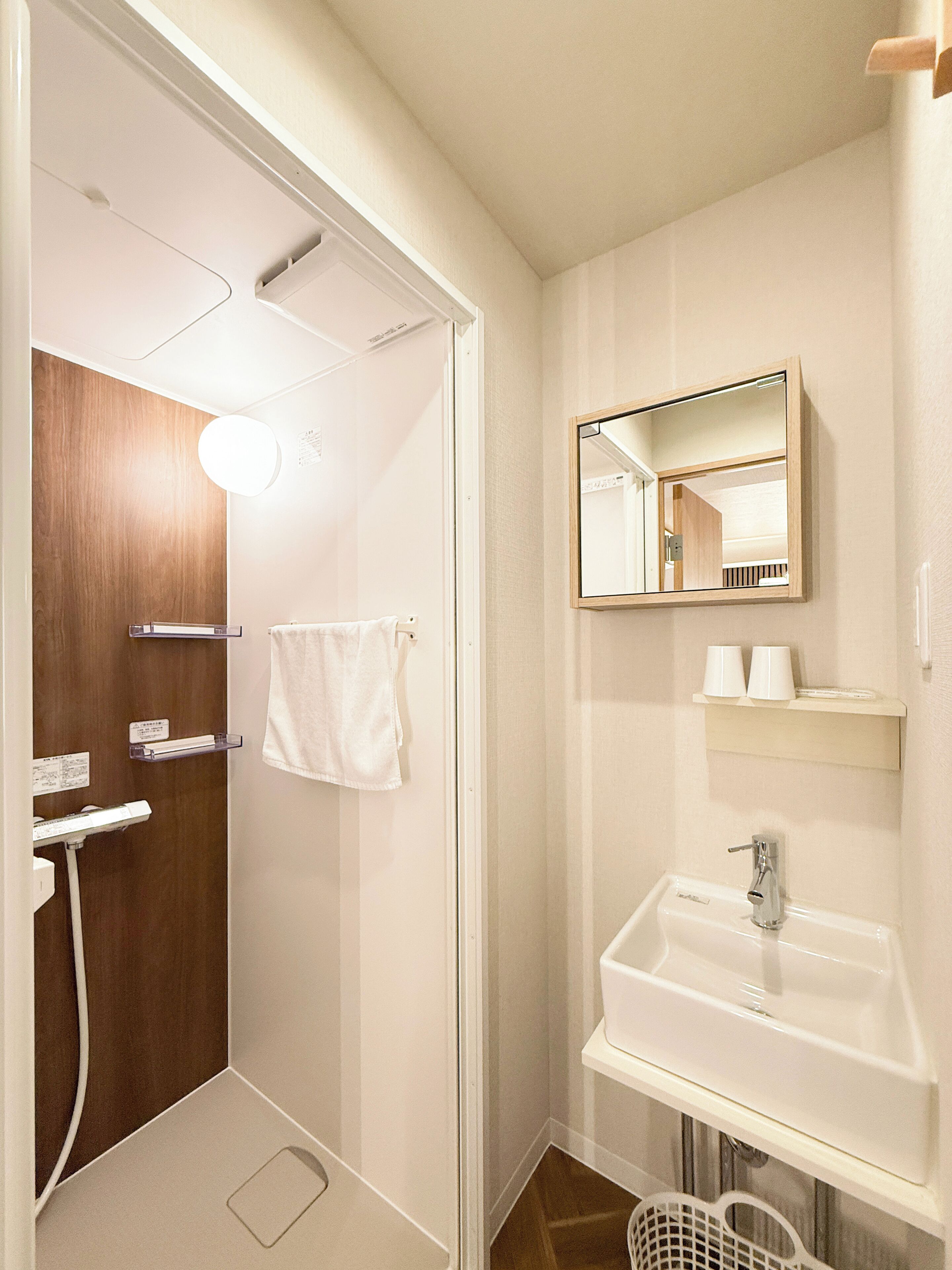 Ein modernes Badezimmer mit Bodendusche, einem weißen Waschbecken und einem Spiegel darüber.