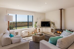 Älytelevisio, takka, kirjoja